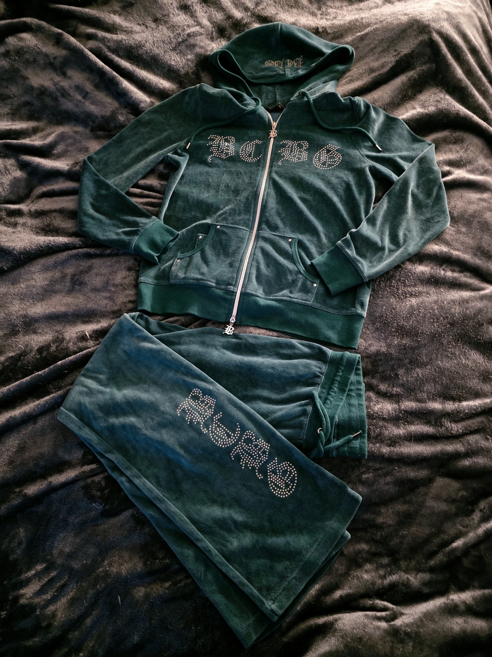 BCBGMaxAzria Teal Velour Track Jogger Set with Rhinestone Logo